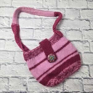 Handmade Pink Felted Wool Stripe Shoulder Bag Wood Artisanal Button Accent